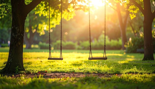 Sunlit swings hanging invitingly between trees in a lush green park, evoking warmth and nostalgia
