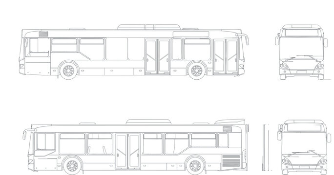 City public transport bus technical blueprint with side front and rear views detailed outline urban transit vehicle vector illustration
