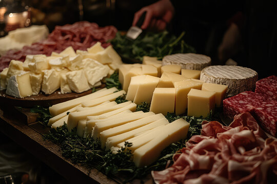 a tray of delicious cheese and salami