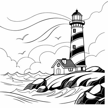 A black and white vector illustration of a lighthouse on a rocky coastline with waves and birds