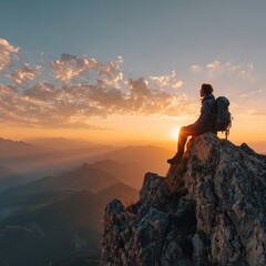 Obraz premium Adventure seeker enjoying nature for mindfulness and mental clarity, showing determination and endurance on the mountain top. Peaceful traveler practicing extreme hiking. Camera