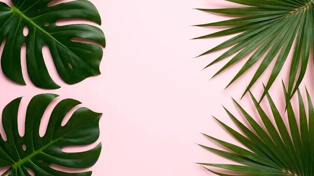 Tropical leaves on pink background minimal nature concept flat lay