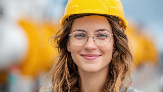 Confident Engineer's Gaze: A skilled engineer, adorned in a yellow safety helmet and glasses, radiates confidence, competence, and a positive outlook.