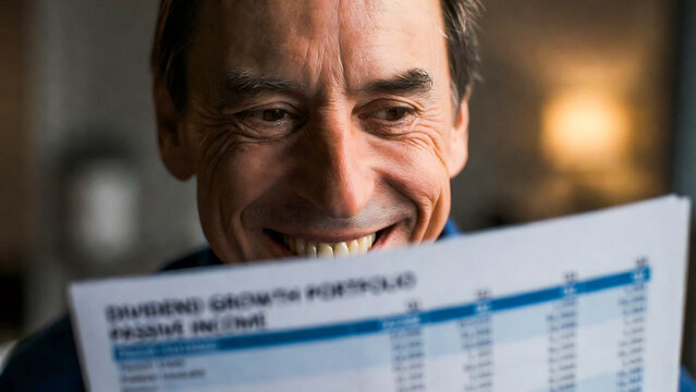 A smiling man, likely a businessman, reads a financial portfolio document. He appears happy and confident.