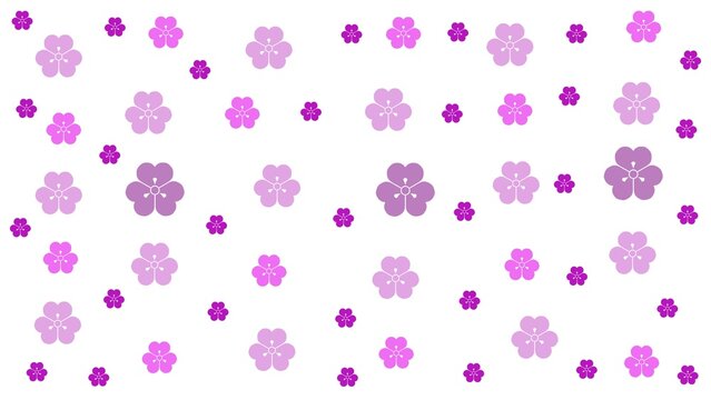 Seamless pattern of purple three-petal flowers on a white background. Cute hand-drawn floral design for stationery, fabric prints, and spring decor.