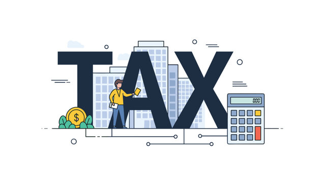 Corporate accountant managing annual tax obligations using a calculator and digital software tools in a modern city environment.