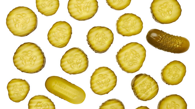 Crinklecut Dill Pickle Slices And Whole Gherkins On White Background