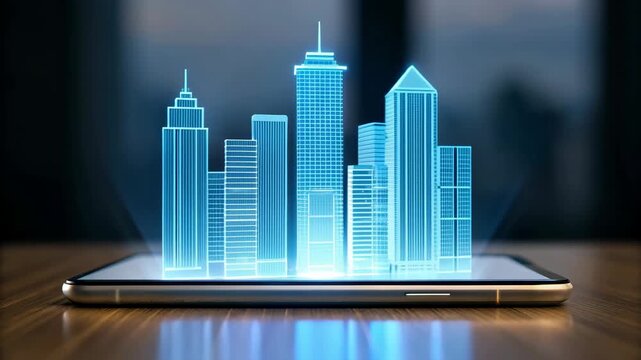 Hologram smartphone projection of digital building and real cityscape showcasing futuristic technology innovation with glowing skyscraper models