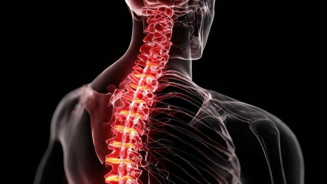 Radiant Spine: A detailed medical illustration highlights the human spine, with vibrant red hues illuminating the intricate network of bones.