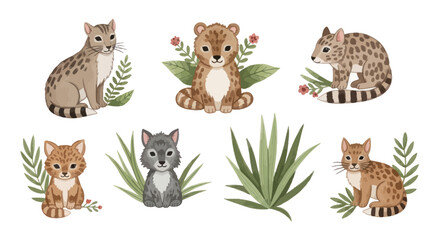 Fototapeta premium Watercolor Cats and Felines with Leaves.