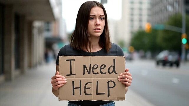 Woman holding sign requesting help outdoors city background