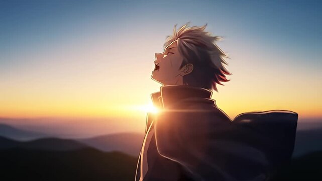 Anime boy gazes at a radiant sunrise over mountain ranges, mouth open in awe