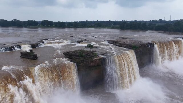 Aerial Slow Motion View of Chitrakote Waterfalls Chhattisgarh India