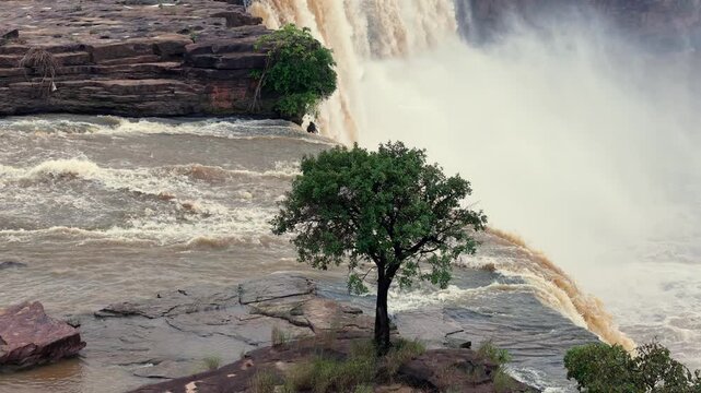 Aerial Slow Motion View of Chitrakote Waterfalls Chhattisgarh India
