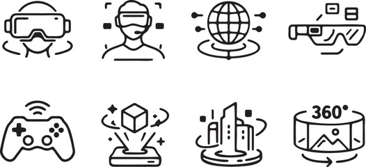 Fototapeta premium A comprehensive collection of line icons representing virtual reality, augmented reality, metaverse, and advanced gaming concepts.