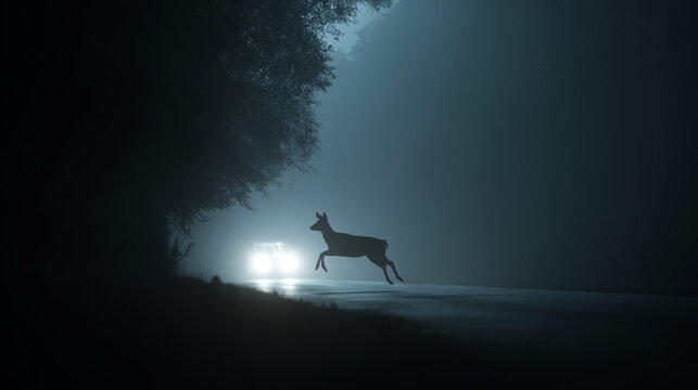 Deer jumping across a rural road in front of approaching vehicle headlights during a foggy night, creating a dangerous situation
