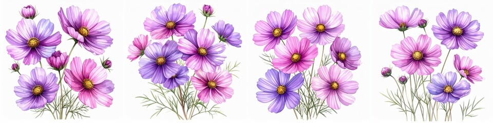 Obraz premium Delicate purple and pink cosmos flowers with slender green stems and soft buds painted in watercolor botanical style isolated on clean white background