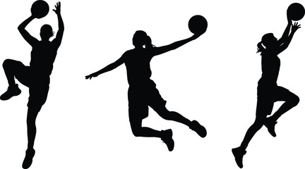 Professional basketball players jumping and shooting ball silhouette vector illustration, athletic sports competition and training icons © Majnur
