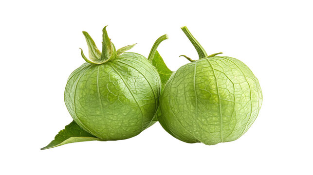 Two green tomatillos with leaves, fresh produce isolated on transparent background