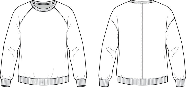 Blank white sweatshirt technical flat sketch front and back view with raglan sleeves ribbed neck cuffs and hem for fashion design