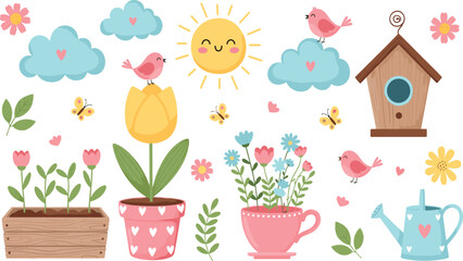 Cute spring garden elements set with smiling sun birds flowers plants birdhouse clouds butterflies and watering can cartoon vector illustration © Lunavera art