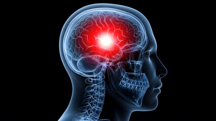 Brain activity and neurological inflammation. Mental health and cognitive science research. Side profile of transparent human head with glowing red light in the brain center
