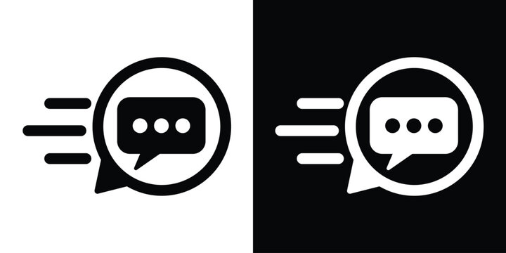 Chat bubble with ellipsis and motion trails inside a circular frame. Flat vector icon for instant messaging, fast communication, and quick response apps.