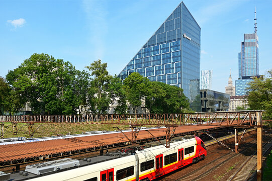 Warsaw, Poland, Europe - 05.2024 : Warszawa Ochota train station, PKO BP bank building at Chmielna street, at right Varso tower - 310 m high office building (tallest office building in EU), PKiN