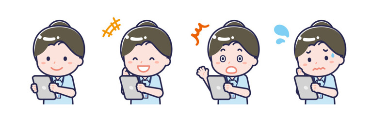 タブレットを使う「介護士」の女性