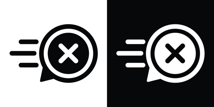 Fast cross or "X" mark icon with motion lines. Represents quick rejection, rapid cancellation, fast error detection, and immediate stop. Black and white vector for UI and UX design.