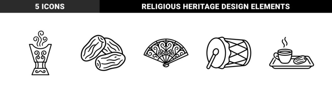 Ramadan cultural traditions and Islamic heritage symbols featuring dates, incense burner, and prayer drum. Minimalist monoline black and white graphic design elements.