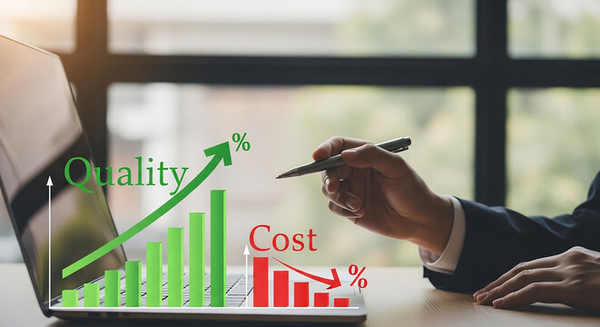 Quality and Cost Analysis: A conceptual image illustrating the increase in quality and decrease in cost, symbolized through upward and downward trending graphs, while a person analyses the data.