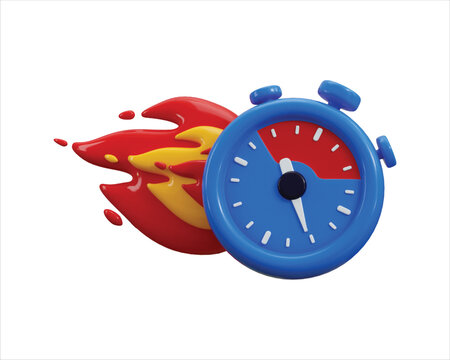 Stopwatch with fire flame icon 3d render concept of fast run, quickly completing a task, very fast delivery or service icon vector illustration
