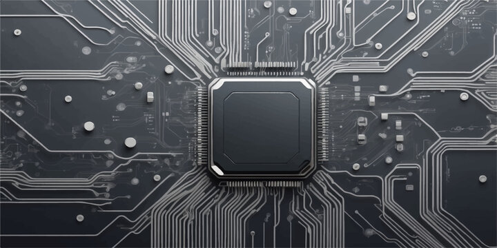 A high-tech digital design featuring a printed electronic circuit board motherboard with a microchip CPU processor and hardware connections representing modern computer engineering technology