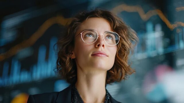 Business Vision: A focused professional, her gaze lifted in thoughtful contemplation, stands before a dynamic financial data display, symbolizing ambition and foresight.