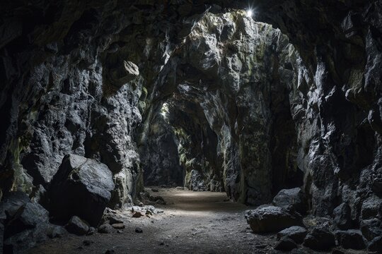 Rocky underground tunnel with light entering through openings, creating a path forward