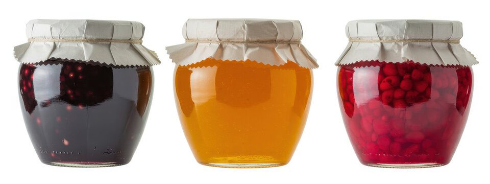 Three jars of colorful jam and preserves glass paper