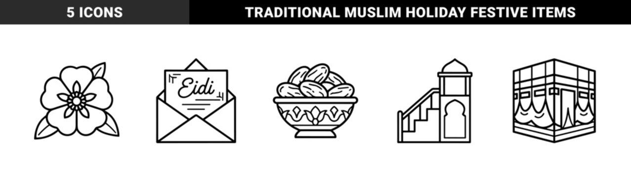 Islamic religious and cultural symbols featuring dates bowl, eidi gift envelope, floral ornament, kaaba and mosque minbar. Bold monoline linear graphics for ramadan and eid celebrations.