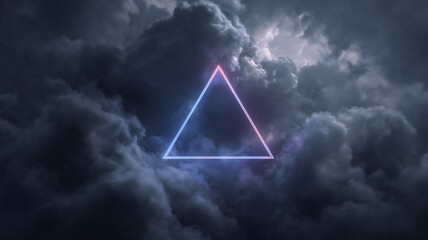 Neon Triangle Shape in Dramatic Cloudy Sky Background