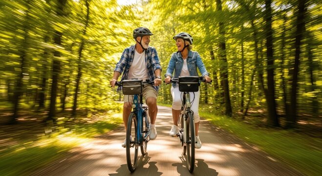 Elderly man and woman cycling through peaceful woodland trail during outdoor ride. Concept of healthy aging, active senior lifestyle, and happiness in retirement years.