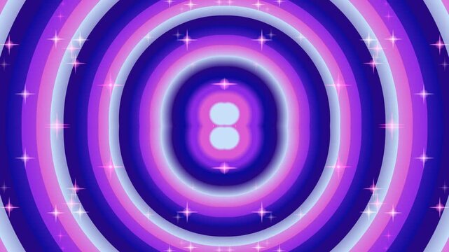 Vibrant concentric circles with glowing number eight surrounded by sparkling stars in a mesmerizing purple and blue pattern from a direct viewpoint