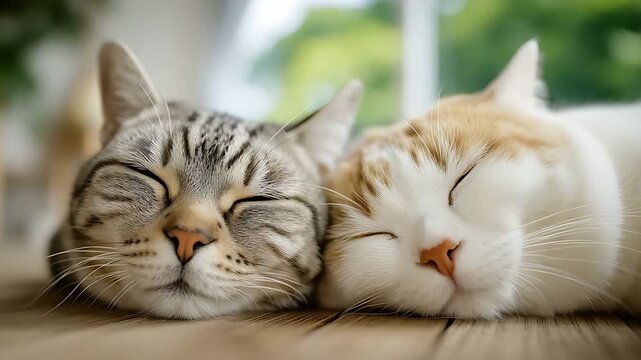 Two cute cats sleeping together peacefully on wooden floor