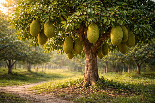 Abundant jackfruit tree laden with ripe fruit in tropical orchard setting sun