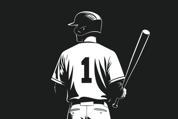 Back view of a baseball player wearing jersey number one and helmet holding a bat on a black background illustration © Mst