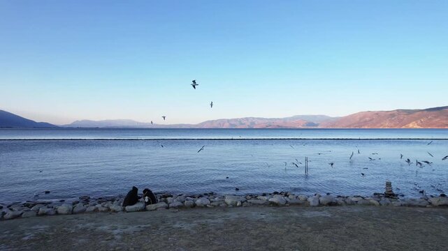 Erhai Lake Dali: Tourists and Seagulls at Scenic Mountain Beach