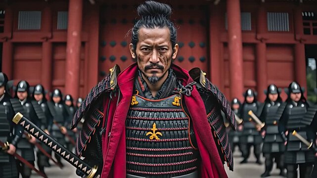 Brave samurai warrior in full armor standing at a temple entrance