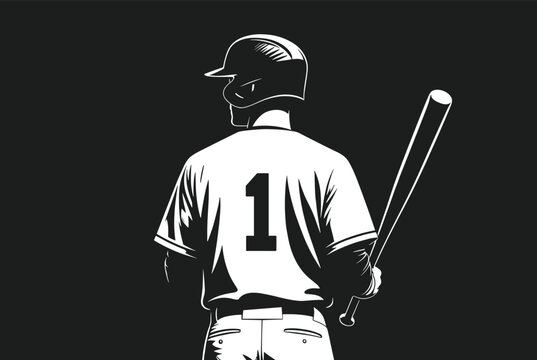 Back view of a baseball player wearing jersey number one and helmet holding a bat on a black background illustration