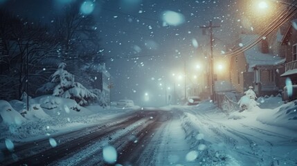 Snowy Winter Night Scene with Glowing Streetlights and Falling Snowflakes.