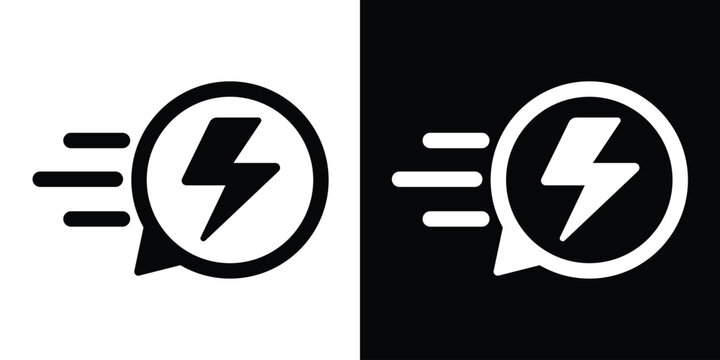 Electric lightning bolt icon with speed lines in a speech bubble. Modern vector design symbolizing fast charging, quick energy, power, instant messaging, and rapid performance.