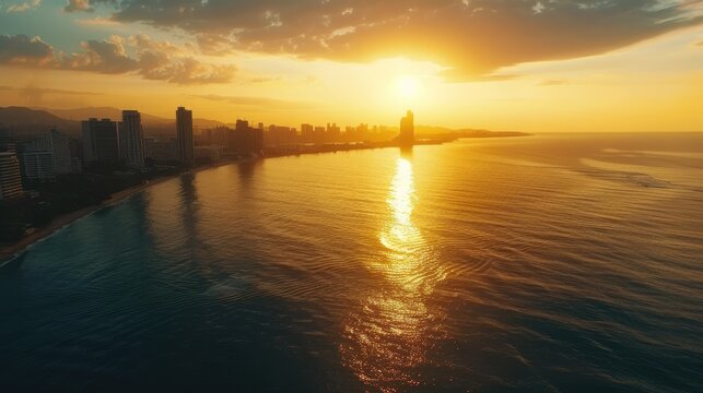 Stunning Golden Sunset Over Coastal City Skyline and Reflective Ocean Waters.